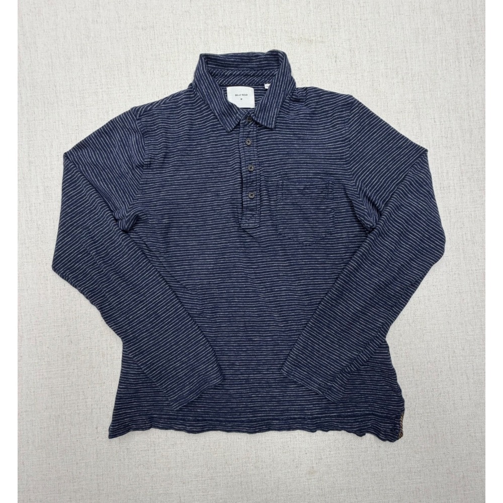 Billy Reid Mens Pima Cotton Cashmere Striped Long Sleeve Polo Shirt Navy Blue M